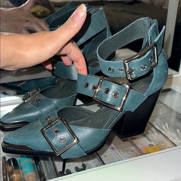 Free People Shoes - Free people Teal / silver Buckle Strap Heels